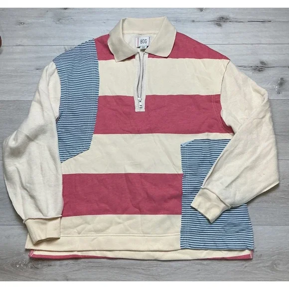 Urban Outfitters BDG Saylor Half Zip Striped Rugby Sweatshirt Crm/Pink/Bl SP NWT - Picture 2 of 6